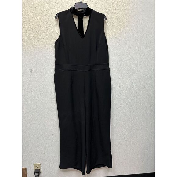 Lane Bryant Jumpsuit 18 Black Wide Leg V Neck Sleeveless Pockets Velvet Tie Zip - Picture 2 of 9